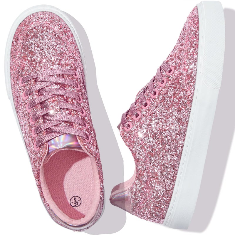 Jeekopeg Glitter Sparkly Fashion Sneakers Shiny Casual Shoes Bling Sequin Concert Low Cut Lace up Shoes(Pink Glitter,9 Women/7.5Men) - Image 4