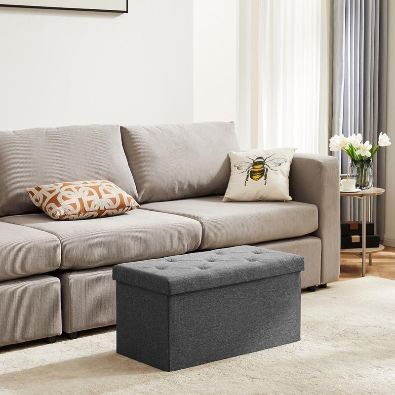 Gogoya Storage Ottoman Bench, Folding 76x38x38cm Foot Rest Stool Large Storage Seat,Linen Fabric Children Long Sofa Stool, Ottoman Bench with Lid Hollow Design for Bedroom, Dorm, Hallway (Grey) - Image 2