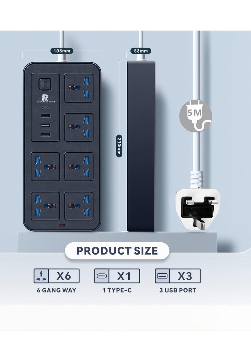 Ruinengda 5 meters Universal Extension Lead with Multiple Function UK Plug 3 Pin Socket Outlet with 6 Gang 3 USB Port 1 Type-C Port 5M Electric Socket Mains Strip for Home Kitchen and Office 5 meters 2000W power - Image 2