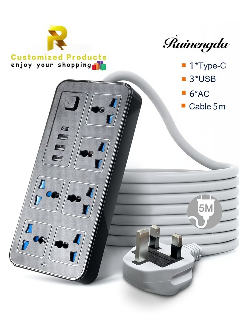 Ruinengda 5 meters Universal Extension Lead with Multiple Function UK Plug 3 Pin Socket Outlet with 6 Gang 3 USB Port 1 Type-C Port 5M Electric Socket Mains Strip for Home Kitchen and Office 5 meters 2000W power - Image 1
