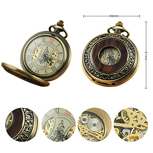 VIGOROSO Men's Hand-Wind Mechanical Pocket Watch Vintage Steampunk Wood Grain Hollow Design with Chain and Box - Image 5