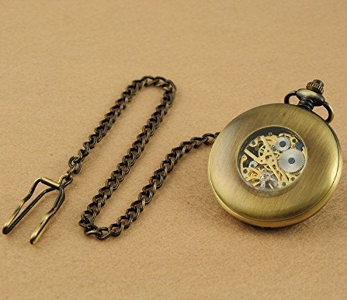 VIGOROSO Men's Hand-Wind Mechanical Pocket Watch Vintage Steampunk Wood Grain Hollow Design with Chain and Box - Image 2