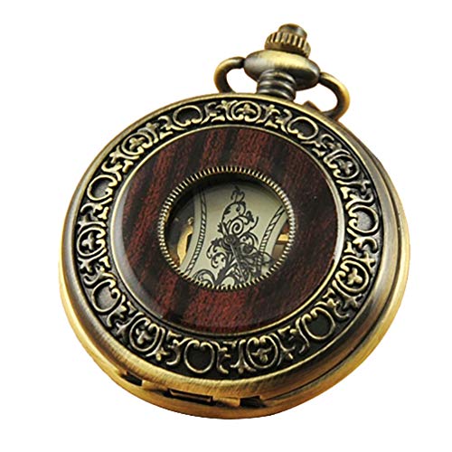 VIGOROSO Men's Hand-Wind Mechanical Pocket Watch Vintage Steampunk Wood Grain Hollow Design with Chain and Box - Image 1
