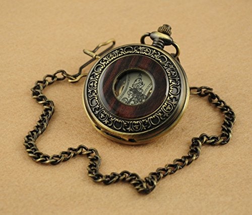 VIGOROSO Men's Hand-Wind Mechanical Pocket Watch Vintage Steampunk Wood Grain Hollow Design with Chain and Box - Image 3