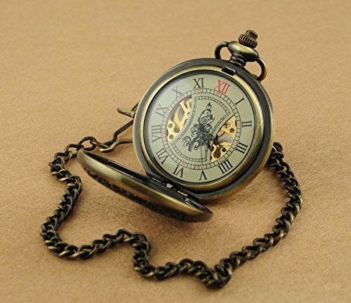 VIGOROSO Men's Hand-Wind Mechanical Pocket Watch Vintage Steampunk Wood Grain Hollow Design with Chain and Box - Image 4