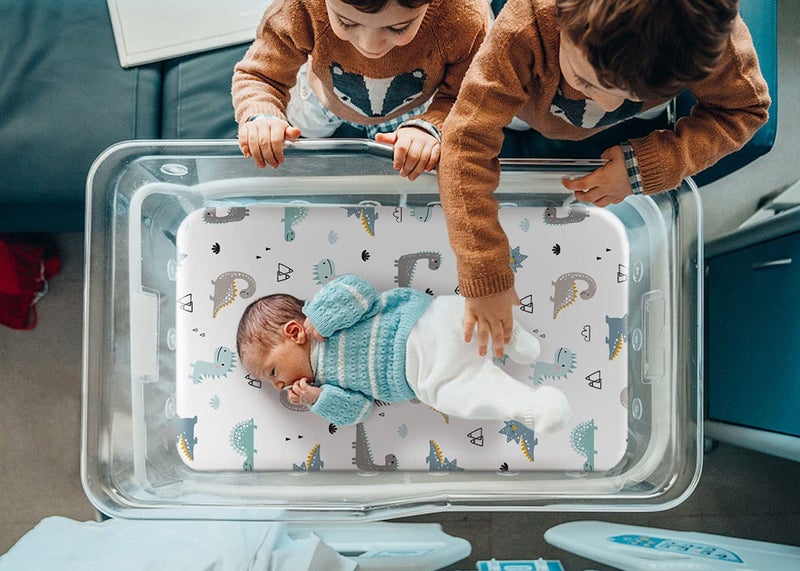 GRSSDER مجموعة شراشف سرير الأطفال GRSSDER القابلة للتمدد فائقة النعومة 2 قطعة، تناسب عالمياً لأسرة الأطفال، سلة موسى، وسادة/مرتبة بيضاوية مستطيلة، شراشف سرير الأطفال الديناصورات السعيدة للبنات والأولاد - Image 3