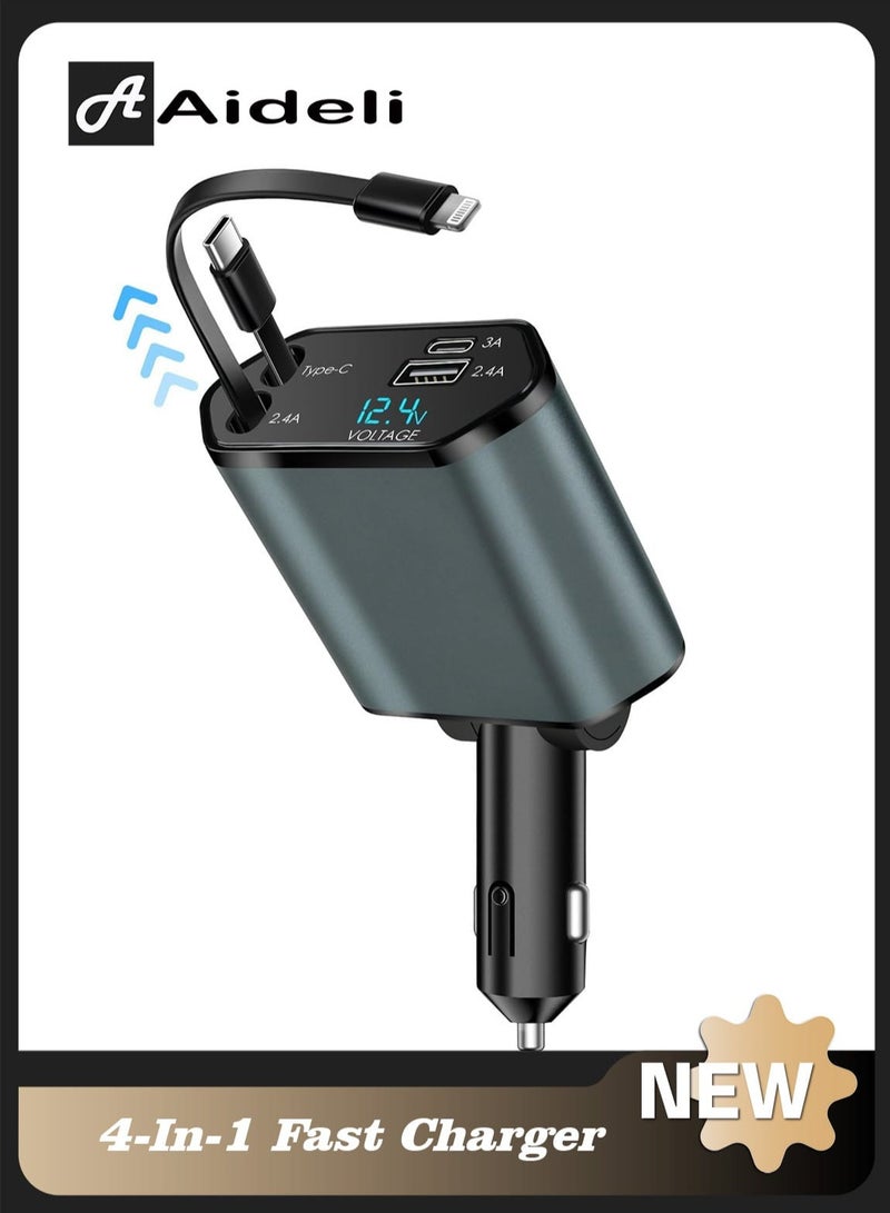 أديلي شاحن سيارة 4 في 1 مع كابلات قابلة للسحب، منفذ USB-C + منفذ Lightning للشحن السريع، يعمل على 12V/24V، متوافق مع iPhone، iPad، سامسونج، شاومي وAirPods - Image 1