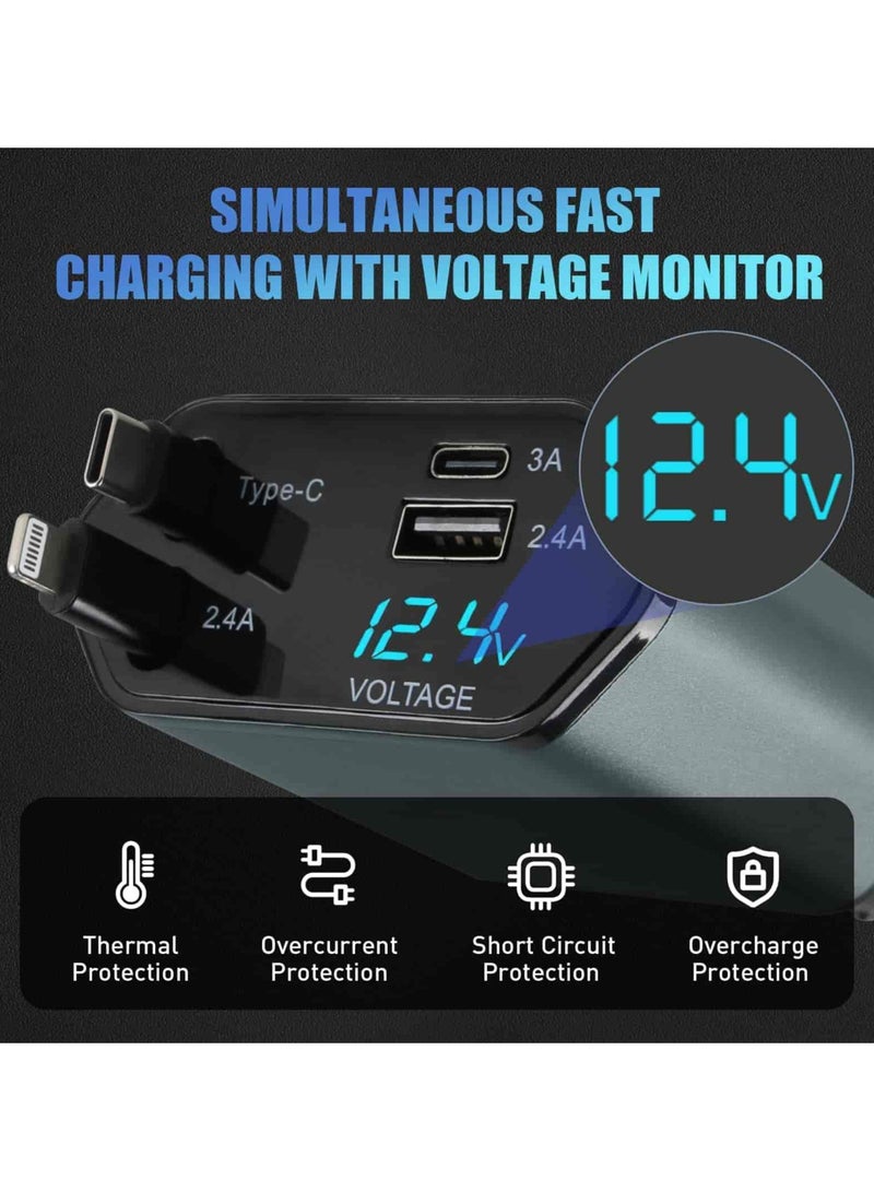 أديلي شاحن سيارة 4 في 1 مع كابلات قابلة للسحب، منفذ USB-C + منفذ Lightning للشحن السريع، يعمل على 12V/24V، متوافق مع iPhone، iPad، سامسونج، شاومي وAirPods - Image 3