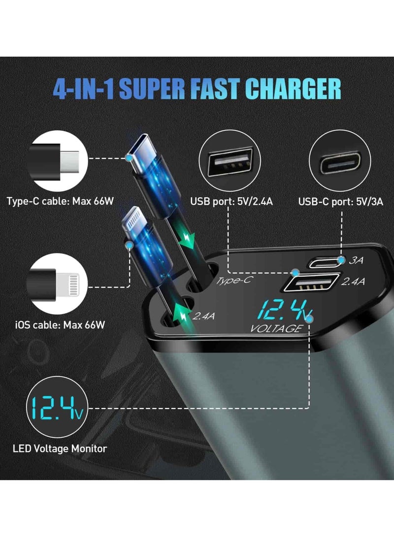 أديلي شاحن سيارة 4 في 1 مع كابلات قابلة للسحب، منفذ USB-C + منفذ Lightning للشحن السريع، يعمل على 12V/24V، متوافق مع iPhone، iPad، سامسونج، شاومي وAirPods - Image 2