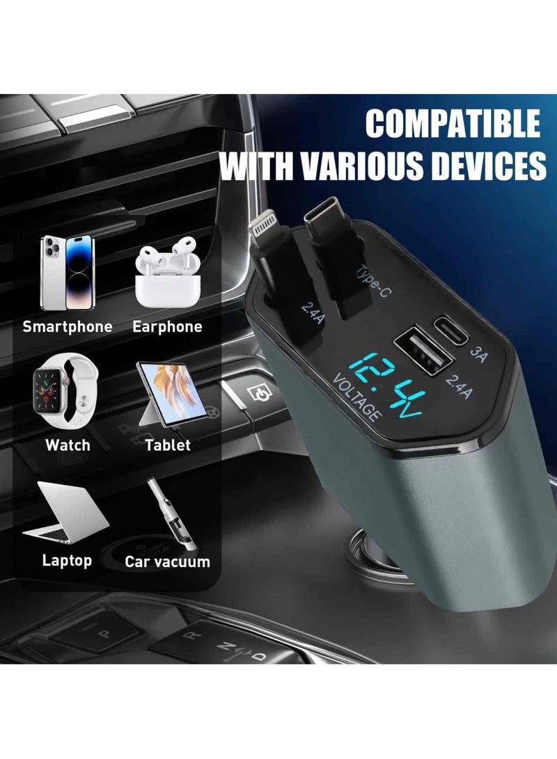 أديلي شاحن سيارة 4 في 1 مع كابلات قابلة للسحب، منفذ USB-C + منفذ Lightning للشحن السريع، يعمل على 12V/24V، متوافق مع iPhone، iPad، سامسونج، شاومي وAirPods - Image 5
