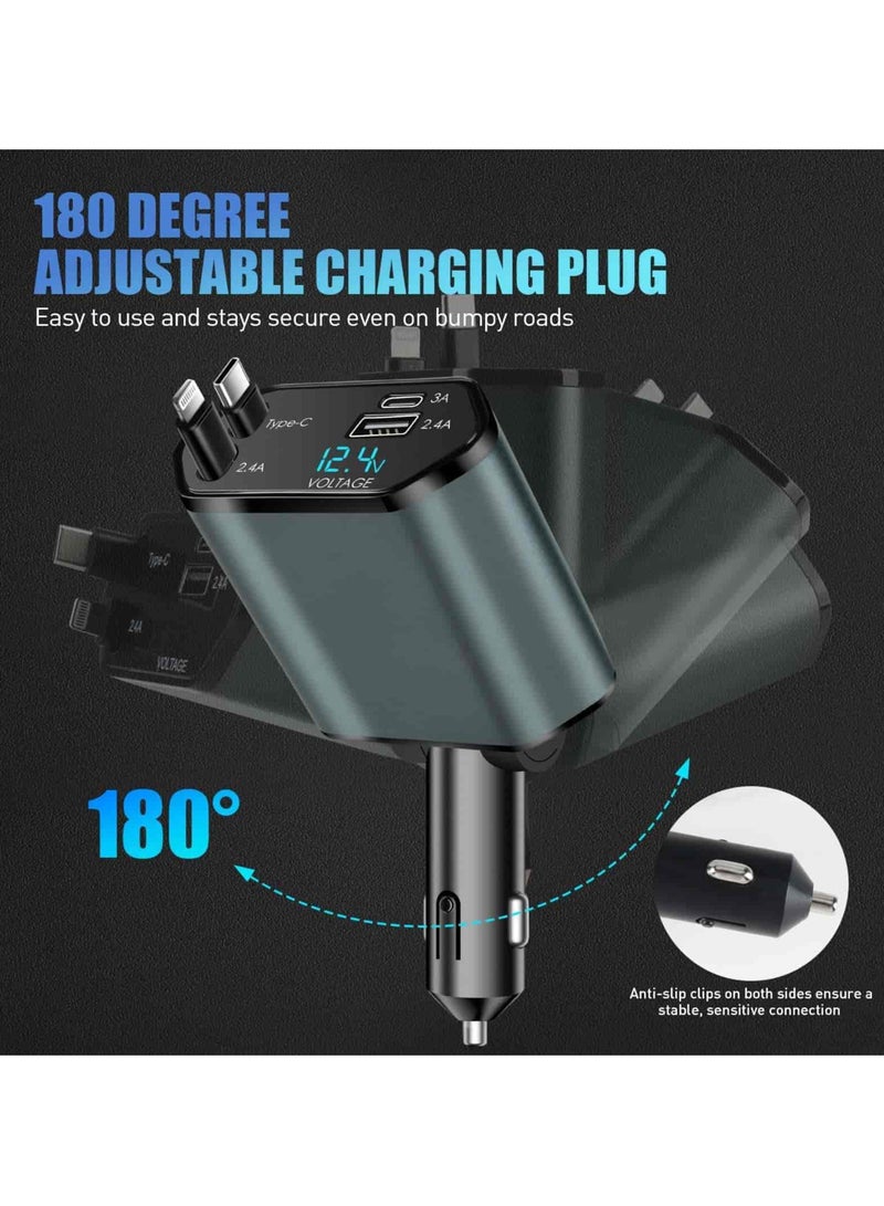 أديلي شاحن سيارة 4 في 1 مع كابلات قابلة للسحب، منفذ USB-C + منفذ Lightning للشحن السريع، يعمل على 12V/24V، متوافق مع iPhone، iPad، سامسونج، شاومي وAirPods - Image 4