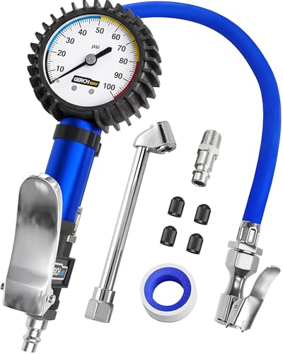 GERCHWAY Tire Inflator with Pressure Gauge and Longer Hose Most Accurate Heavy Duty Air Chuck with Gauge for Air Compressor Tire Inflator Attachment 100PSI - Image 1