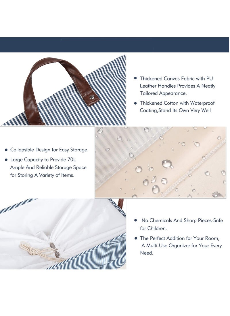 Excefore - Collapsible Laundry Washing Baskets with Lid, Extra Large Drawstring Canvas Storage Boxes,Suitable for Organising Clothes Toys (Navy Blue, XL) - Image 1