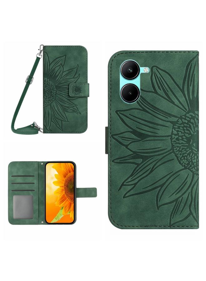 Green Tiger For vivo Y03 4G Skin Feel Sun Flower Embossed Flip Leather Phone Case with Lanyard(Green)