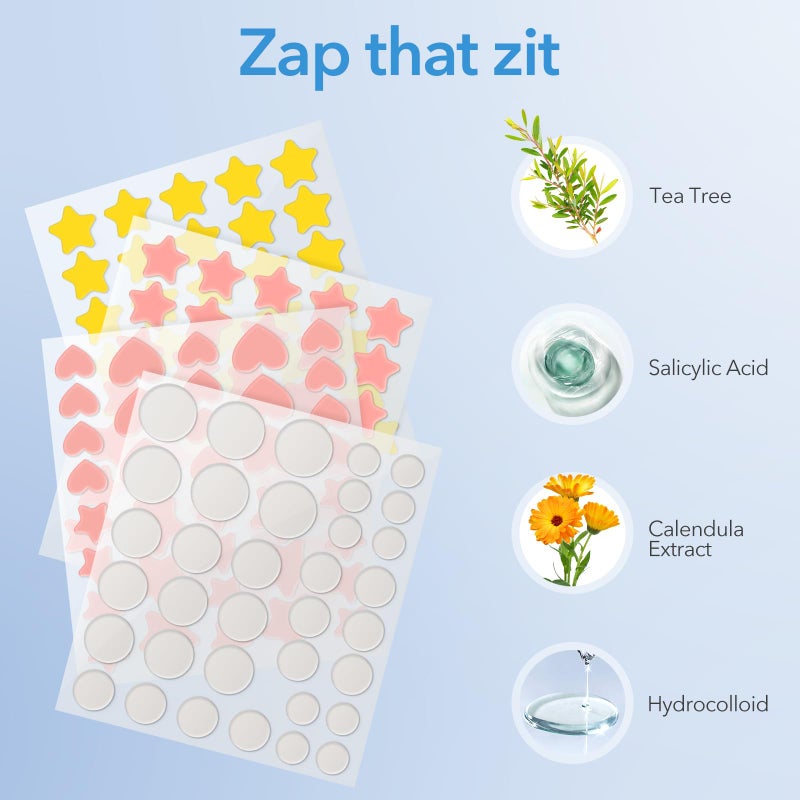QUSTERE Pimple Patches for Face, Acne Patches Hydrocolloid, Cute Star Zit Covers for Face, Spot Stickers with Tea Tree, Salicylic Acid & Cica Oil| Round,Star,Peach Shapes| 5 Sizes| 282 Count - Image 3