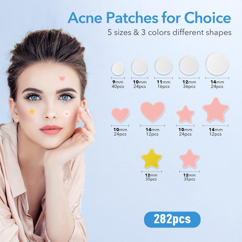 QUSTERE Pimple Patches for Face, Acne Patches Hydrocolloid, Cute Star Zit Covers for Face, Spot Stickers with Tea Tree, Salicylic Acid & Cica Oil| Round,Star,Peach Shapes| 5 Sizes| 282 Count - Image 2