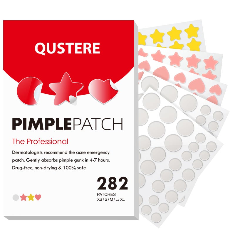 QUSTERE Pimple Patches for Face, Acne Patches Hydrocolloid, Cute Star Zit Covers for Face, Spot Stickers with Tea Tree, Salicylic Acid & Cica Oil| Round,Star,Peach Shapes| 5 Sizes| 282 Count - Image 1