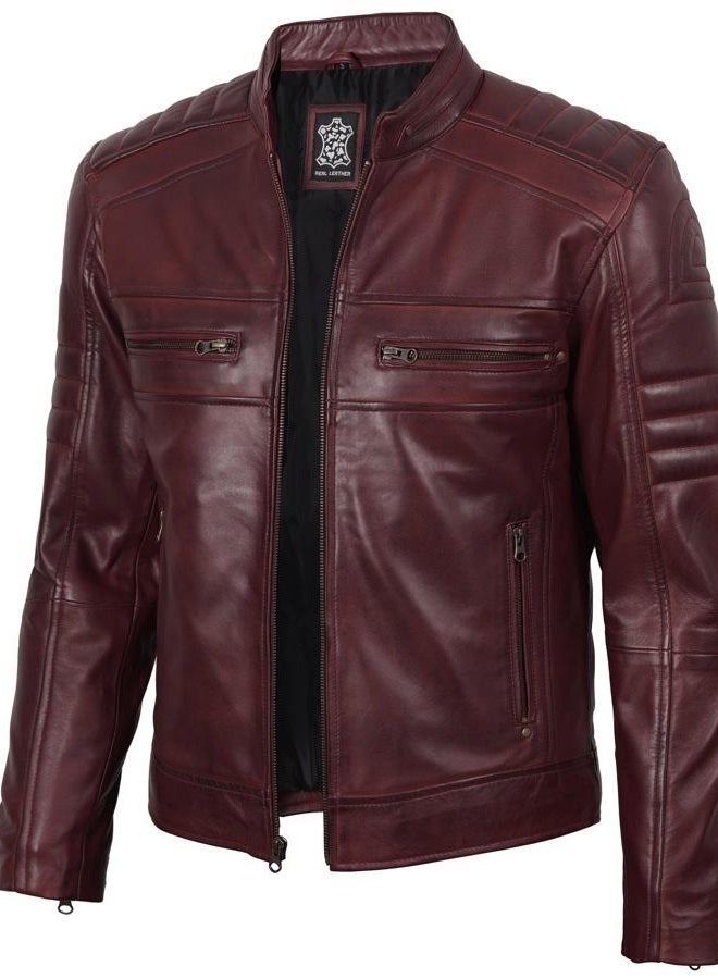 FJACKETS Cafe Racer Leather Jacket Men - Real Lambskin Natural Grain Leather Moto Style Jackets For Mens, Austin Maroon Leather Jacket Men, L - Image 1