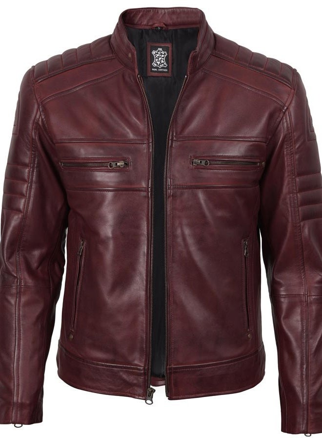 FJACKETS Cafe Racer Leather Jacket Men - Real Lambskin Natural Grain Leather Moto Style Jackets For Mens, Austin Maroon Leather Jacket Men, L - Image 2