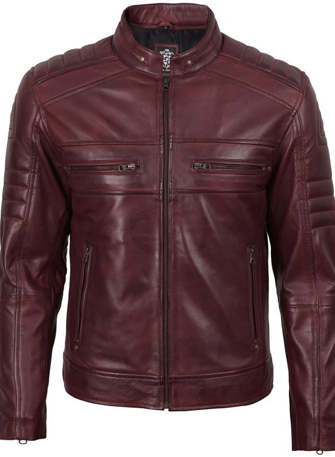 FJACKETS Cafe Racer Leather Jacket Men - Real Lambskin Natural Grain Leather Moto Style Jackets For Mens, Austin Maroon Leather Jacket Men, L - Image 3