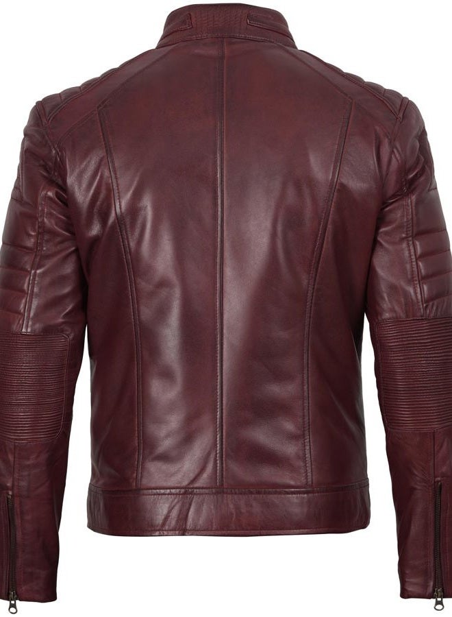 FJACKETS Cafe Racer Leather Jacket Men - Real Lambskin Natural Grain Leather Moto Style Jackets For Mens, Austin Maroon Leather Jacket Men, L - Image 4