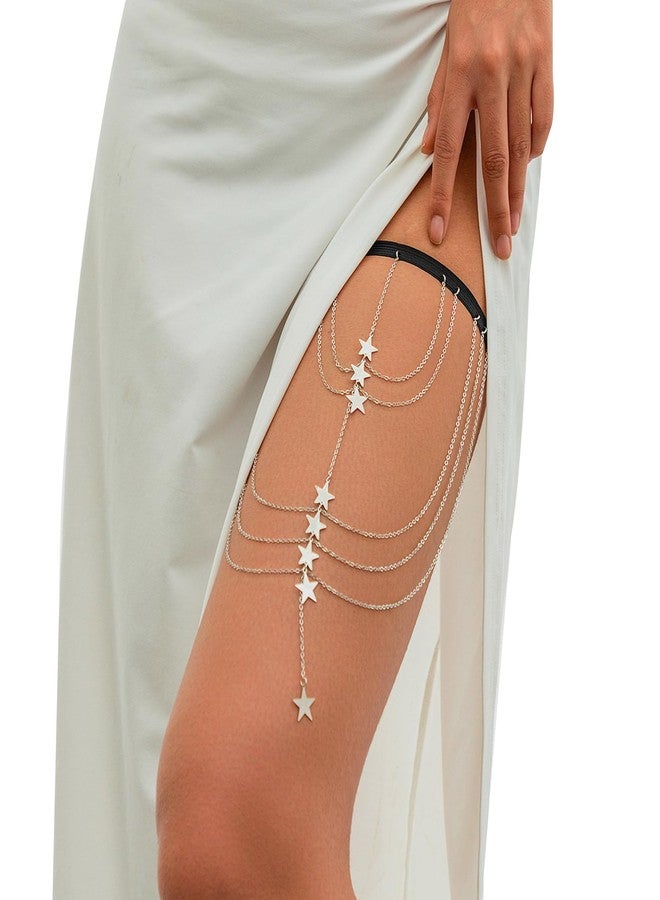 Rotaiboes Multi Layers Star Thigh Chains Jewelry,Bikini Elastic Leg Thigh Chain,Summer Beach Sequin Body Chain,Simple Butterfly Thigh Body Chain for Women Girls (Star-Silver) - Image 2