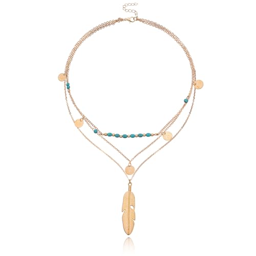 MAQVQLU Gold Layered Necklace for Women Summer Boho Layered Stacked Pendant Necklace Country Concert Necklace Turquoise Coin Long Necklace - Image 1