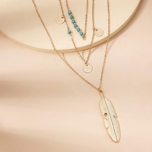 MAQVQLU Gold Layered Necklace for Women Summer Boho Layered Stacked Pendant Necklace Country Concert Necklace Turquoise Coin Long Necklace - Image 4
