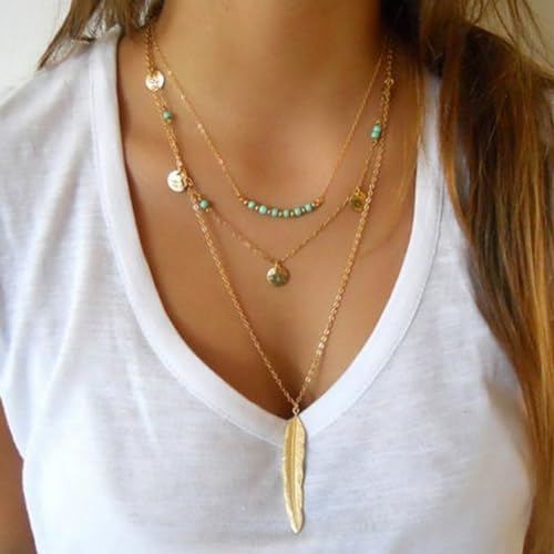 MAQVQLU Gold Layered Necklace for Women Summer Boho Layered Stacked Pendant Necklace Country Concert Necklace Turquoise Coin Long Necklace - Image 2
