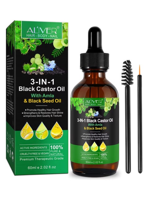 3 In 1 Black Castor Oil with Amla & Black Seed Oil for Hair Care Hair Conditioner Oil for Thin Hair Repair Damaged Hair Nourishes Thin Hair Scalp Skin and Loss Hair Growth Fit for All Hair Types 60ml