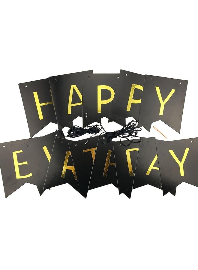 FECEDY Black Happy Birthday Bunting Banner with Shiny Gold Letters Party Supplies - Image 3