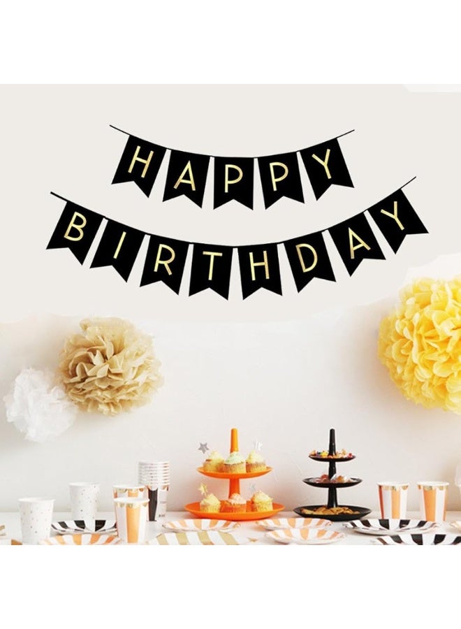 FECEDY Black Happy Birthday Bunting Banner with Shiny Gold Letters Party Supplies - Image 2