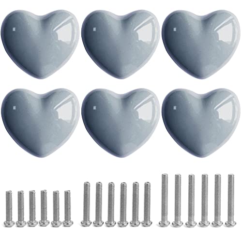 Perphin Ceramic Drawer Knobs Heart Shape Cabinet Dresser Pulls Handles with 3 Sized Screws, Kitchen Furniture Knobs for Closet Cupboard Wardrobe (6, Grey) - Image 1