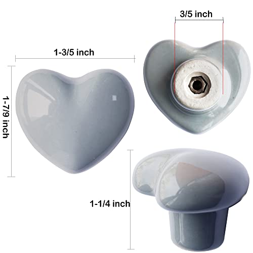 Perphin Ceramic Drawer Knobs Heart Shape Cabinet Dresser Pulls Handles with 3 Sized Screws, Kitchen Furniture Knobs for Closet Cupboard Wardrobe (6, Grey) - Image 3
