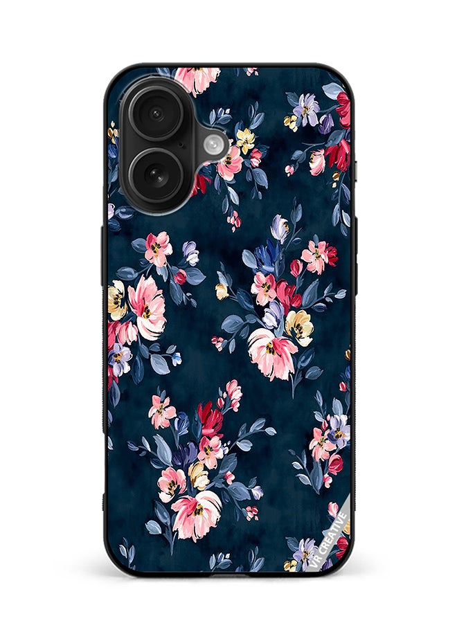 Protective Case Cover For Apple iPhone 16 Plus A Navy Floral Print With Brightly Coloured Pink And Yellow Flowers On It Design Multicolour