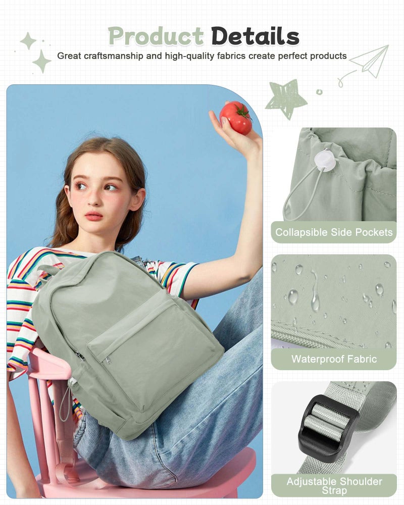 BJLFS Green Cute School Backpack with Laptop Compartment Small Travel Laptop Backpack for Women Men Waterproof College Backpack Simple School Bag for Teens Girls Boys - Image 5