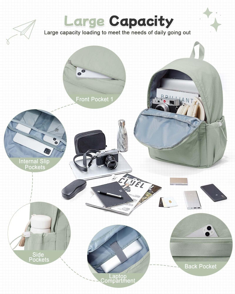 BJLFS Green Cute School Backpack with Laptop Compartment Small Travel Laptop Backpack for Women Men Waterproof College Backpack Simple School Bag for Teens Girls Boys - Image 4