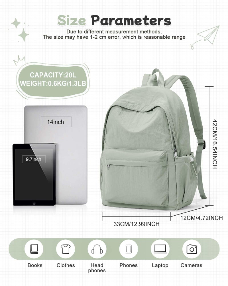 BJLFS Green Cute School Backpack with Laptop Compartment Small Travel Laptop Backpack for Women Men Waterproof College Backpack Simple School Bag for Teens Girls Boys - Image 3