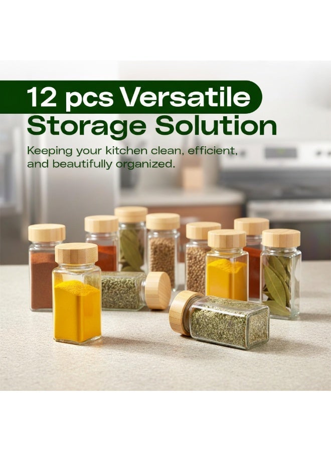 "Symmetry Series" Glass Spice Jars – Set of 12 with Sustainable Bamboo Lids & Spice Labels - Image 1