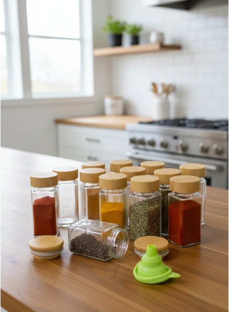 "Symmetry Series" Glass Spice Jars – Set of 12 with Sustainable Bamboo Lids & Spice Labels - Image 3