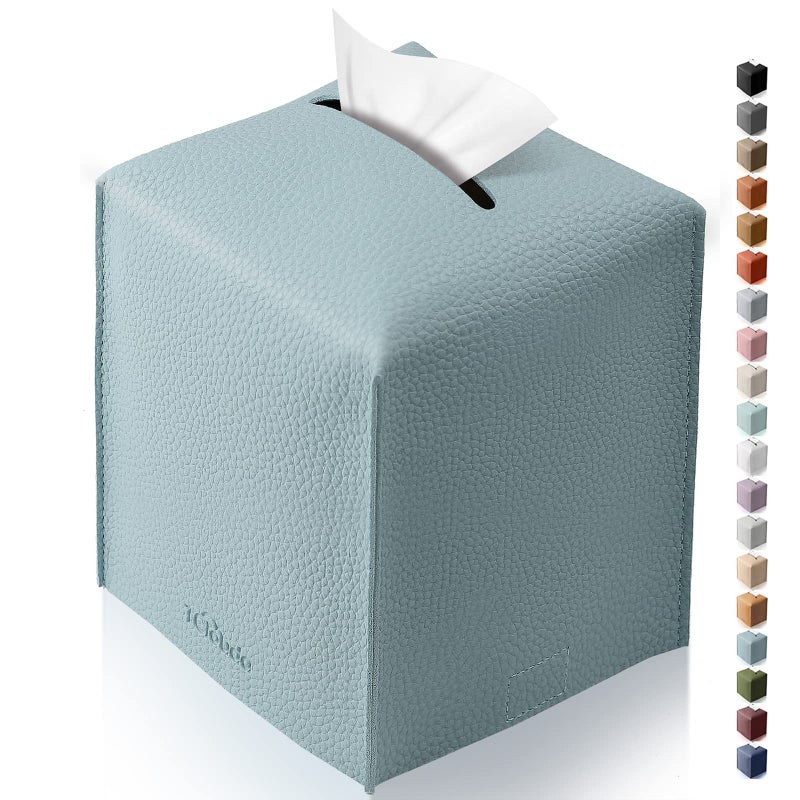 Tclouda Tissue Box Cover for PU Leather, Modern Simple Solid Color Holder Square Tissue Bag, Ideal for Bathrooms,Office,Car,Nightstand,Outdoor Tent,Dining Table,5"X5"X5", Single Blue - Image 1