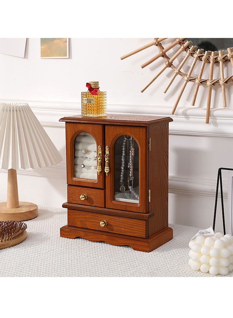 XiuWoo Luxurious Solid Wooden Jewelry Box, Large Space Multi-Function Storage Case, Vintage Jewelry Case, Jewelry Display Rack with Compartments Tray, 2 Drawers, Copper Handle, Clear Window - Image 1