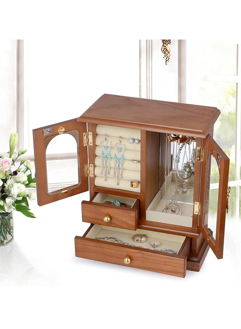 XiuWoo Luxurious Solid Wooden Jewelry Box, Large Space Multi-Function Storage Case, Vintage Jewelry Case, Jewelry Display Rack with Compartments Tray, 2 Drawers, Copper Handle, Clear Window - Image 2
