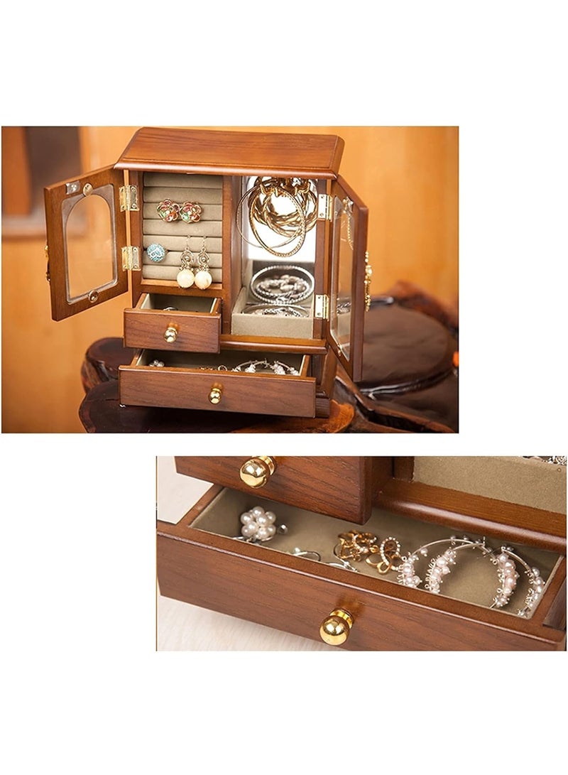 XiuWoo Luxurious Solid Wooden Jewelry Box, Large Space Multi-Function Storage Case, Vintage Jewelry Case, Jewelry Display Rack with Compartments Tray, 2 Drawers, Copper Handle, Clear Window - Image 3