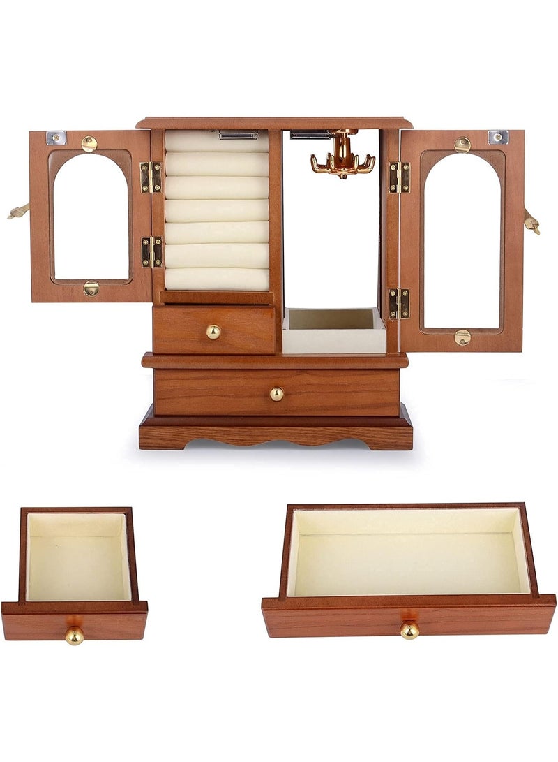 XiuWoo Luxurious Solid Wooden Jewelry Box, Large Space Multi-Function Storage Case, Vintage Jewelry Case, Jewelry Display Rack with Compartments Tray, 2 Drawers, Copper Handle, Clear Window - Image 4