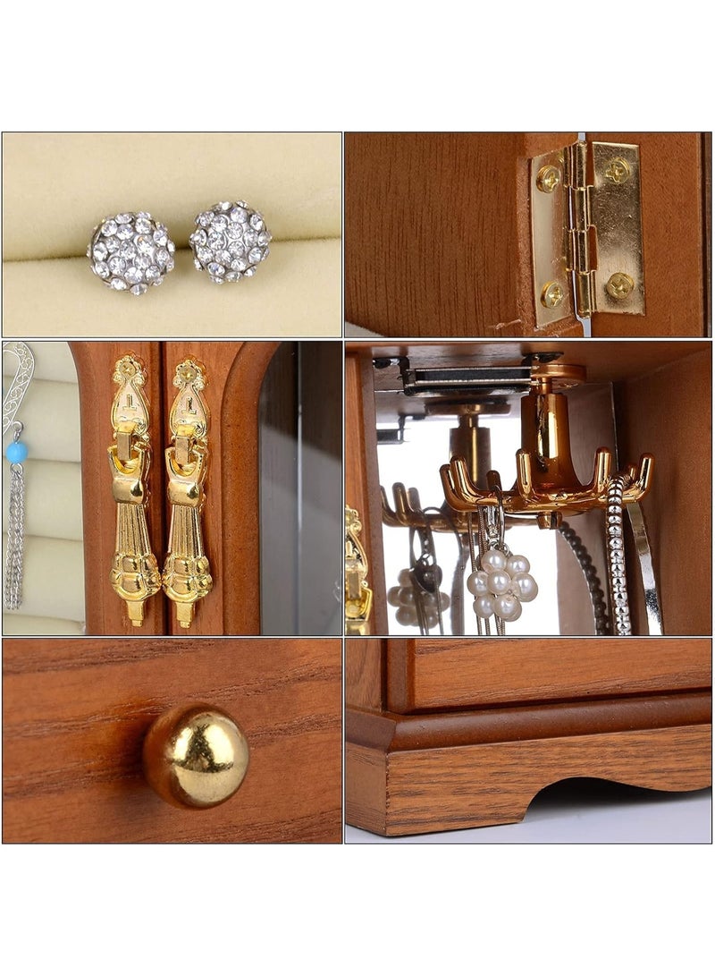 XiuWoo Luxurious Solid Wooden Jewelry Box, Large Space Multi-Function Storage Case, Vintage Jewelry Case, Jewelry Display Rack with Compartments Tray, 2 Drawers, Copper Handle, Clear Window - Image 5