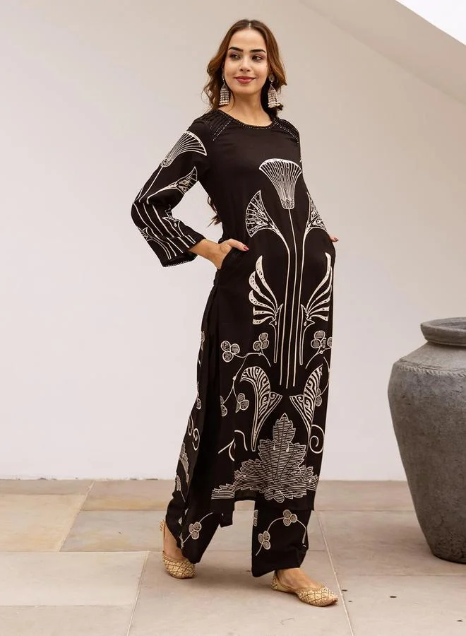 ISHIN Women's Black Rayon Printed Tunic Upper Calf Length Palazzo Bottom Straight Fit 2 Peice Kurta Set