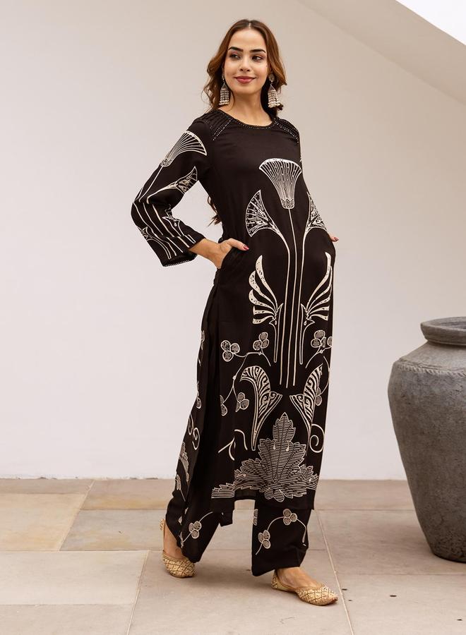 ISHIN Women's Black Rayon Printed Tunic Upper Calf Length Palazzo Bottom Straight Fit 2 Peice Kurta Set - Image 3