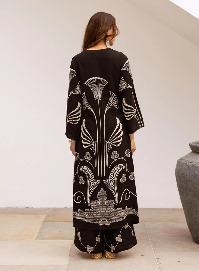 ISHIN Women's Black Rayon Printed Tunic Upper Calf Length Palazzo Bottom Straight Fit 2 Peice Kurta Set