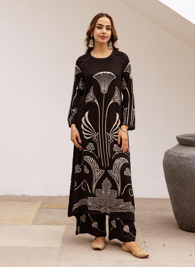 ISHIN Women's Black Rayon Printed Tunic Upper Calf Length Palazzo Bottom Straight Fit 2 Peice Kurta Set - Image 1